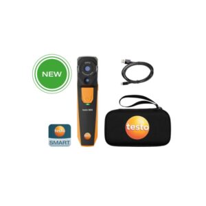 Testo 860i wireless thermal imager clipped to a smartphone